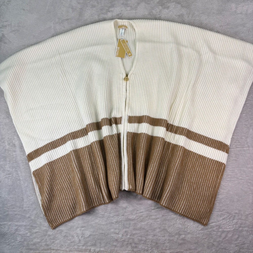 NWT Michael Kors Women's Fisherman Rib Poncho Cream Tan Zip Knit One Size Chic